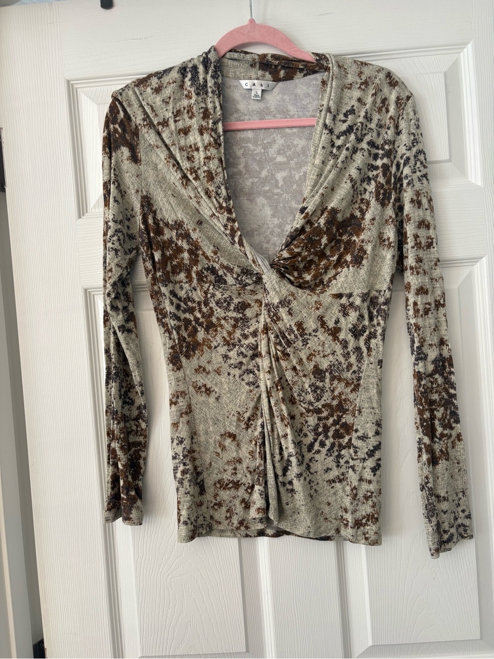 CAbi Taupe & Brown Twist-Front Long Sleeve V-Neck Top